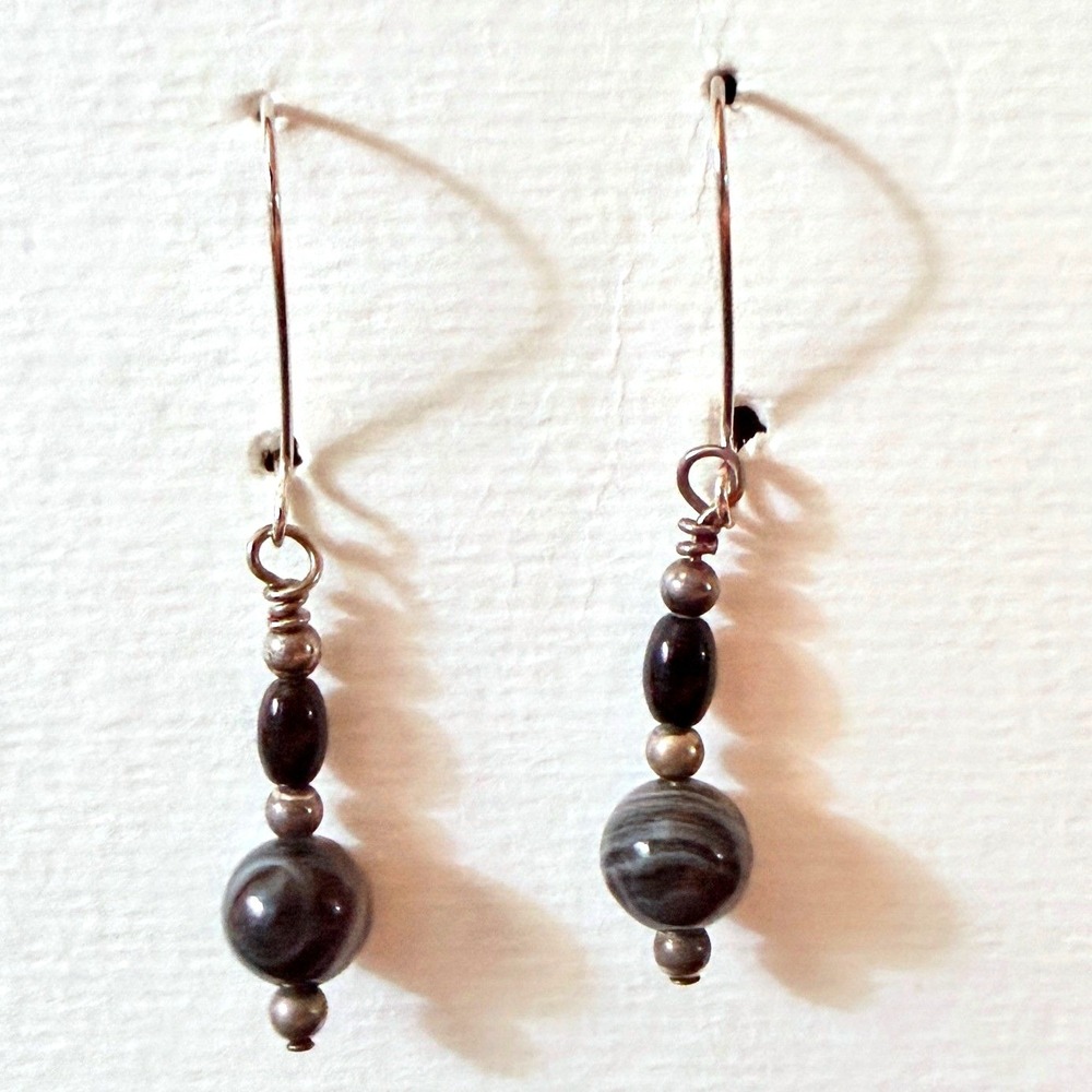 Obsidian and Agate Beaded Drop Earrings Silver Tone Grey‎ Stephanie Aune Artist